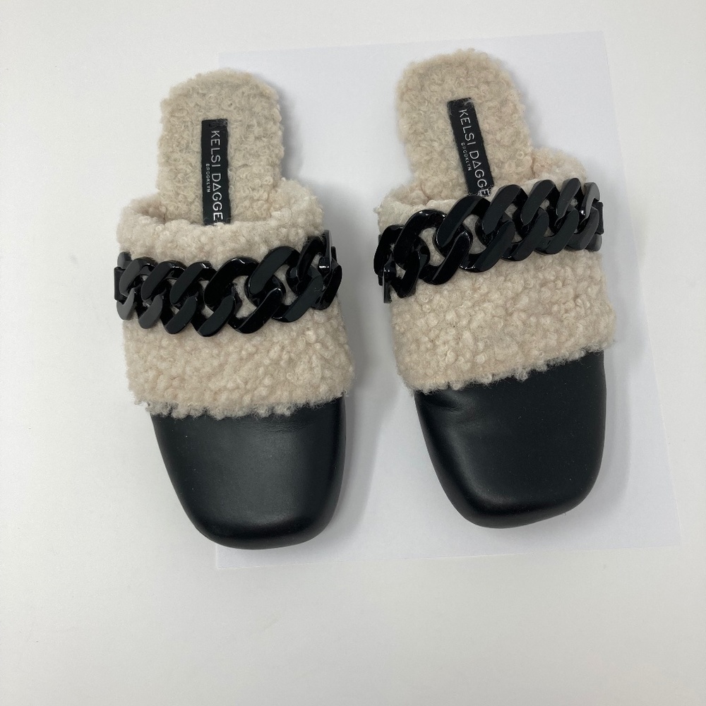 Kelsi Dagger Brooklyn Black and Cream Leather Chain Fur Mule Size 6.5